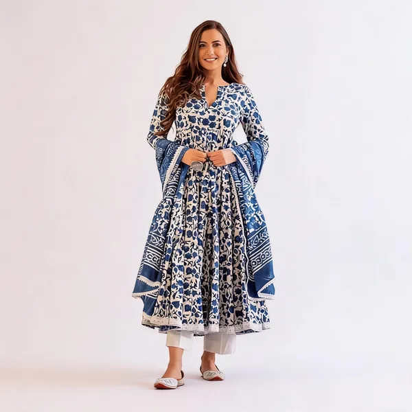 Blue_Cotton_Anarkali_Printed_Kurta_Set_For_Women