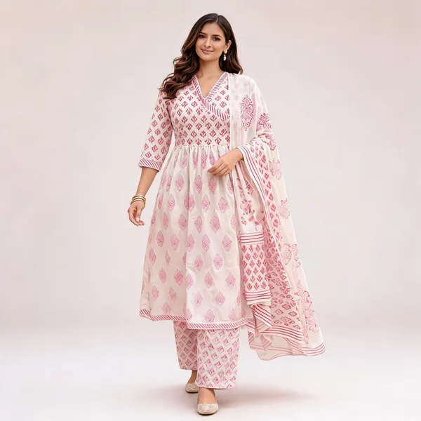 White_Cotton_Anarkali_Printed_Kurta_Set_For_Women