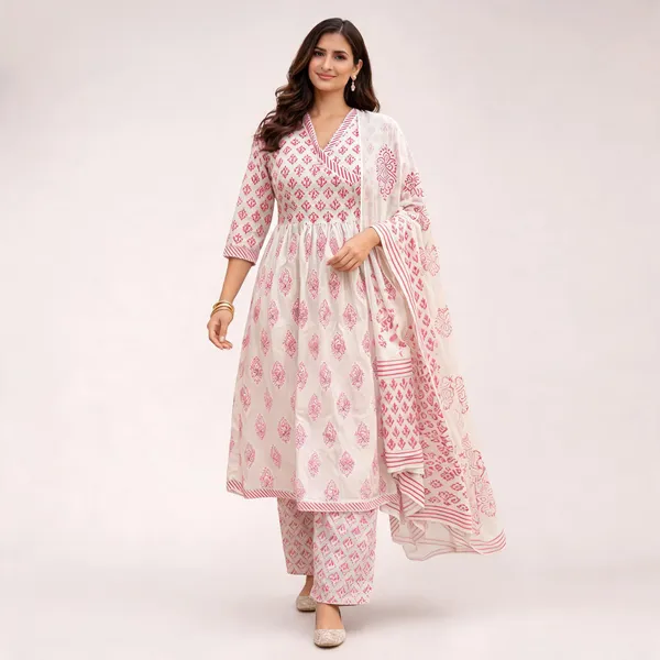 White_Cotton_Anarkali_Printed_Kurta_Set_For_Women