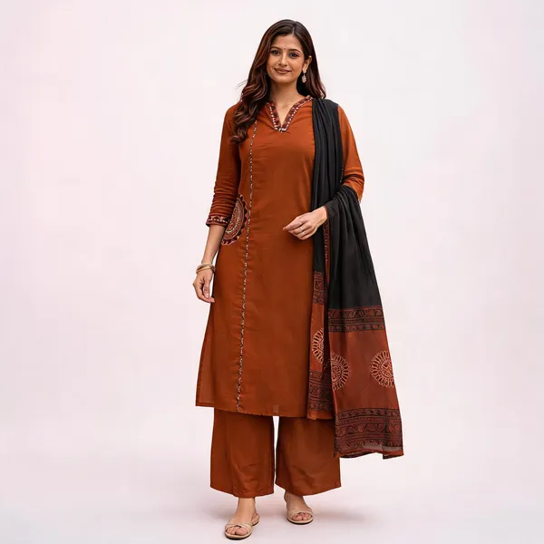 Rust_Cotton_Straight_Printed_Kurta_Set_For_Women