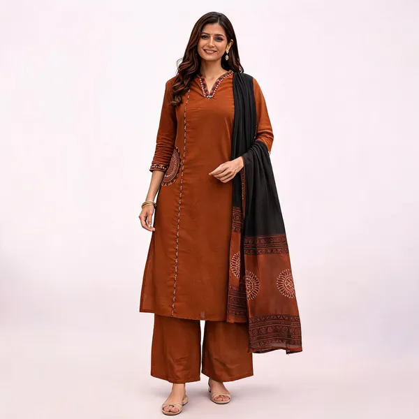 Rust_Cotton_Straight_Printed_Kurta_Set_For_Women