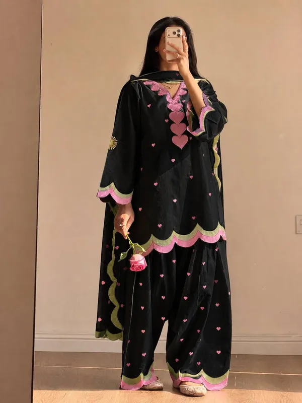 Black_Farshi_Salwar_Suit_Set_–_Chanderi_Cotton_with_Pink_Heart_Embroidery_&_Zari_Work_|_Festive_&_Wedding_Wear