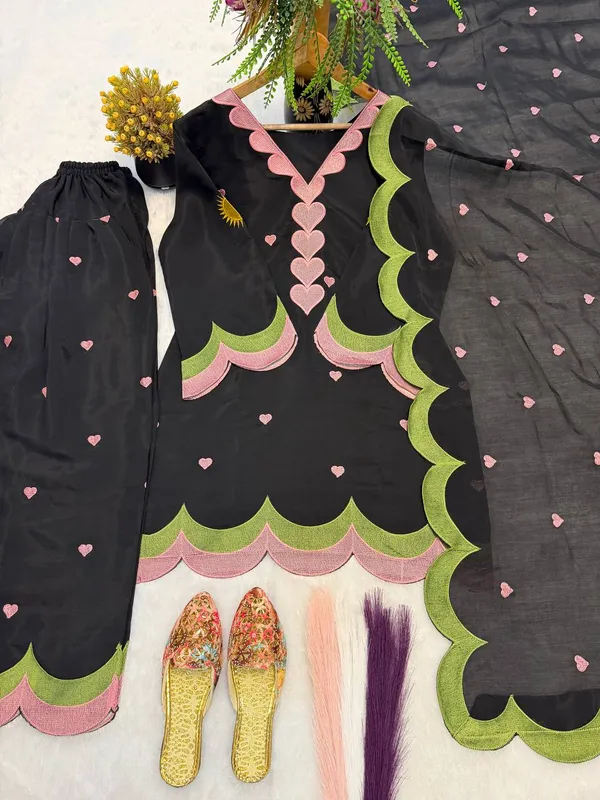 Black_Farshi_Salwar_Suit_Set_–_Chanderi_Cotton_with_Pink_Heart_Embroidery_&_Zari_Work_|_Festive_&_Wedding_Wear