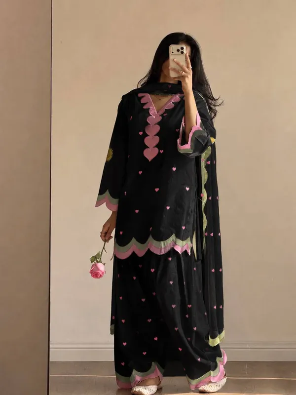 Black_Farshi_Salwar_Suit_Set_–_Chanderi_Cotton_with_Pink_Heart_Embroidery_&_Zari_Work_|_Festive_&_Wedding_Wear