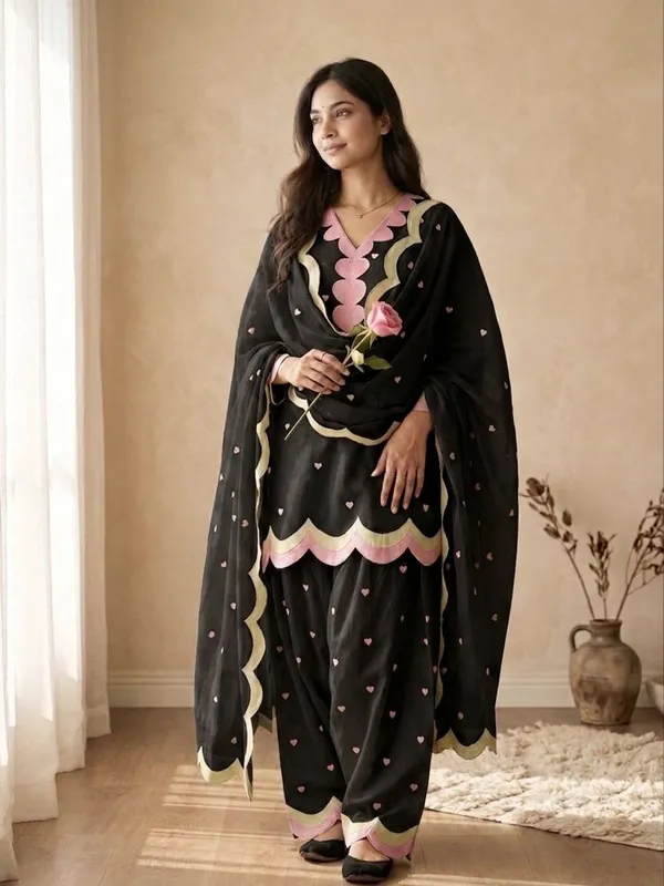 Black_Farshi_Salwar_Suit_Set_–_Chanderi_Cotton_with_Pink_Heart_Embroidery_&_Zari_Work_|_Festive_&_Wedding_Wear