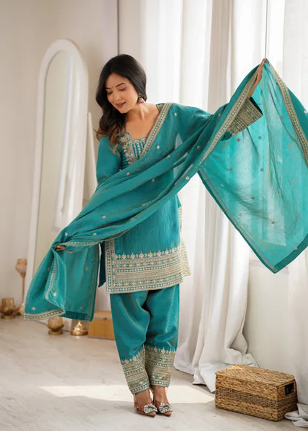 Party_Wear_Nc_Vichitra_Silk_Farshi_Shalwar_Set_With_Lace_Dupatta