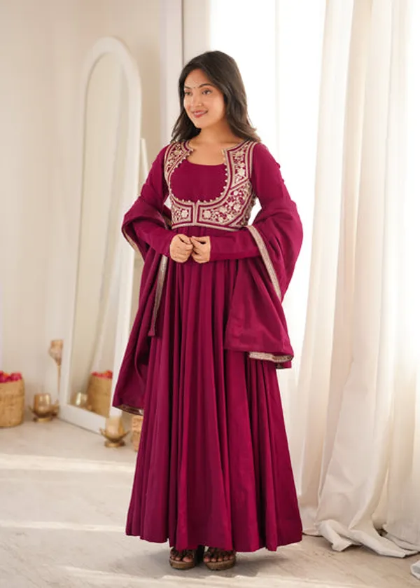 Heavy_Pure_Roman_Silk_Chanderi_Anarkali_Gown_With_Fancy_Jacket_Pant_Embroidered_Dupatta