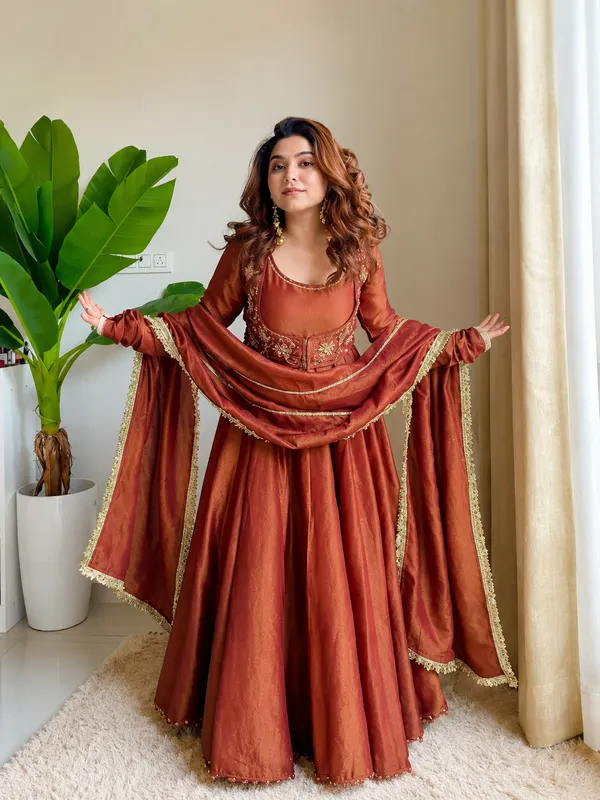 Designer_Hand_Embroidered_Koti_Anarkali_Suit_In_Heavy_Silk_Party_Wear_Set_-_Rust_color