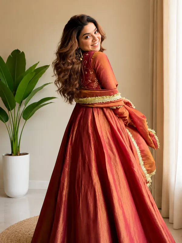 Designer_Hand_Embroidered_Koti_Anarkali_Suit_In_Heavy_Silk_Party_Wear_Set_-_Rust_color