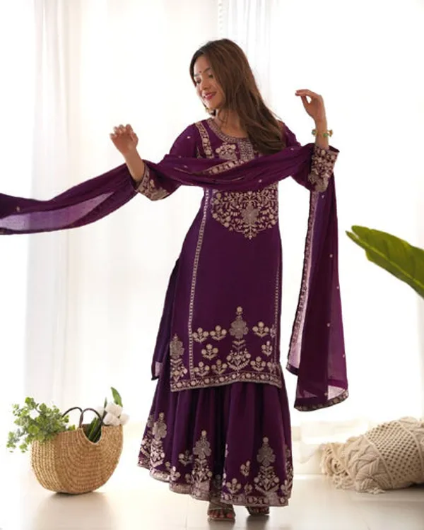 Designer_Chinon_Silk_Kediya_Kurta_With_Sharara_Dupatta_Set