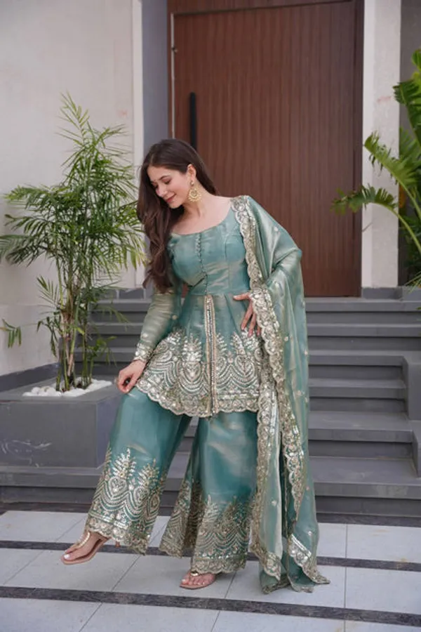 Designer_Party_Wear_Two_Tone_Fendy_Satin_Silk_Gown_Sharara_Set_With_Heavy_Embroidery_Real_Mirror_Work_Dupatta