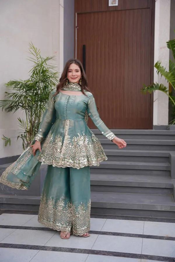 Designer_Party_Wear_Two_Tone_Fendy_Satin_Silk_Gown_Sharara_Set_With_Heavy_Embroidery_Real_Mirror_Work_Dupatta