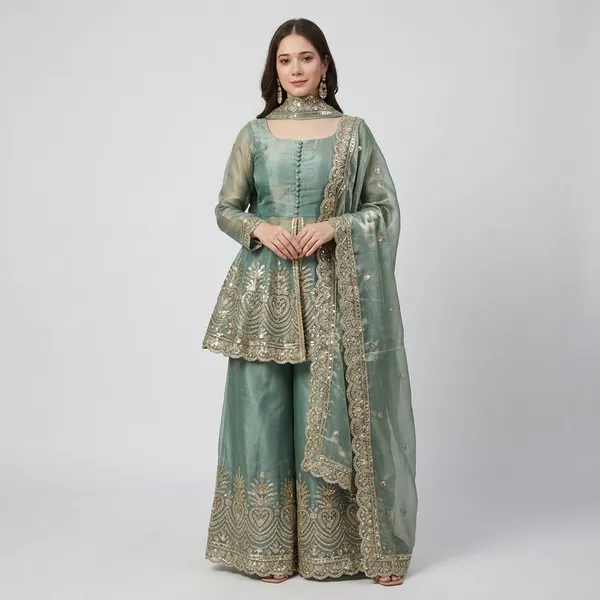 Designer_Party_Wear_Two_Tone_Fendy_Satin_Silk_Gown_Sharara_Set_With_Heavy_Embroidery_Real_Mirror_Work_Dupatta