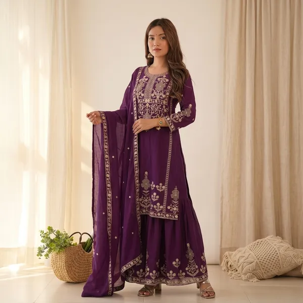 Designer_Chinon_Silk_Kediya_Kurta_With_Sharara_Dupatta_Set