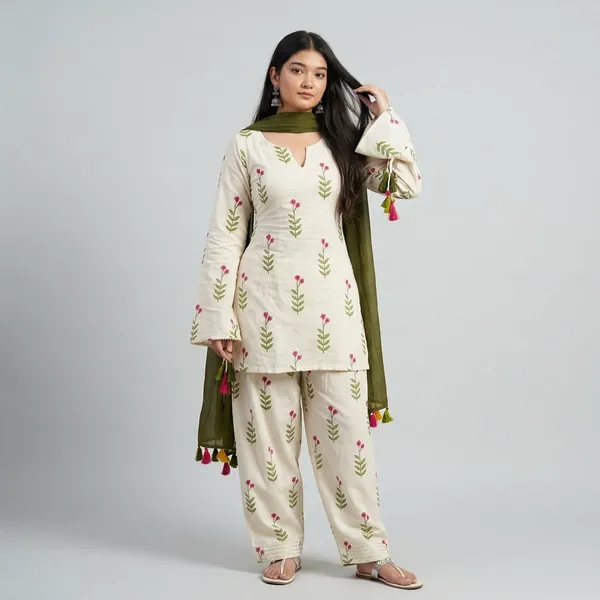 Women'S_Elegant_Cambric_Cotton_Kurti_With_Farshi_Pant_Dupatta