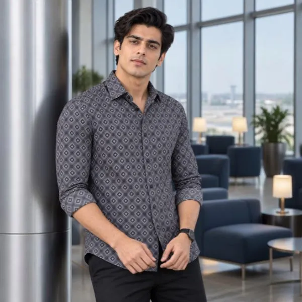 Men’s_Charcoal_Grey_Geometric_Diamond_Print_Full_Sleeve_Casual_Shirt**