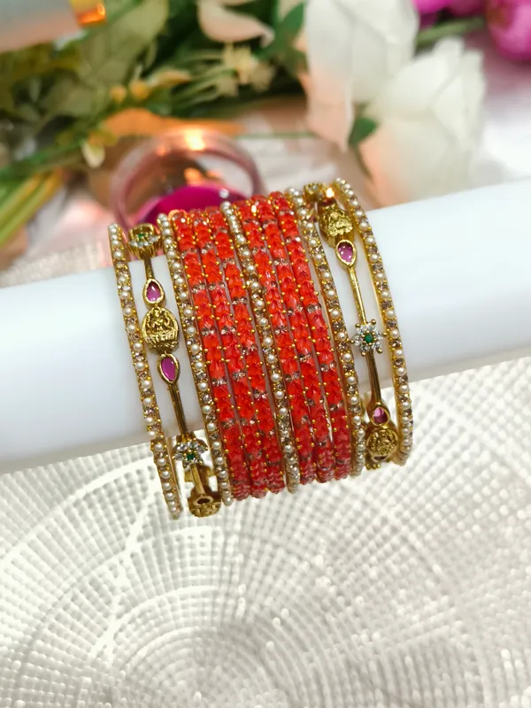 Orange_Red_Pearl_Embellished_Bangle_Set_for_Women