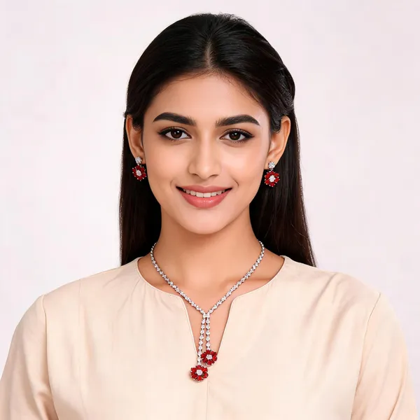Stylish_Modern_Designer_Flower_Designed_Bright_Pom_Red_&_Dazzling_White_Korean_Glass_Studded_Necklace_Jewellery_Set