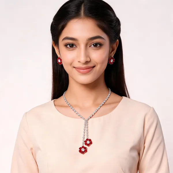 Stylish_Modern_Designer_Flower_Designed_Bright_Pom_Red_&_Dazzling_White_Korean_Glass_Studded_Necklace_Jewellery_Set