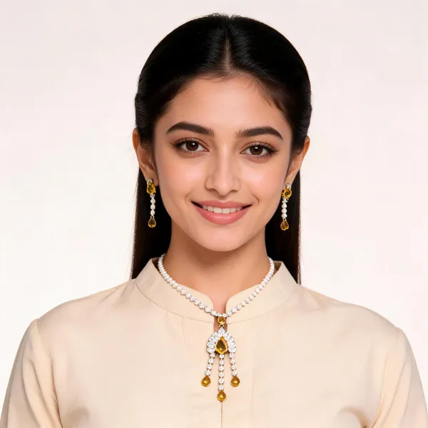 Stylish_Modern_Designer_With_The_Combinations_Of_Pear_&_Round_Cuts_Pendent_Drop_Designed_Sapphire_Yellow_&_Dazzling_White_Korean_Glass_Studded_Necklace_Jewellery_Set
