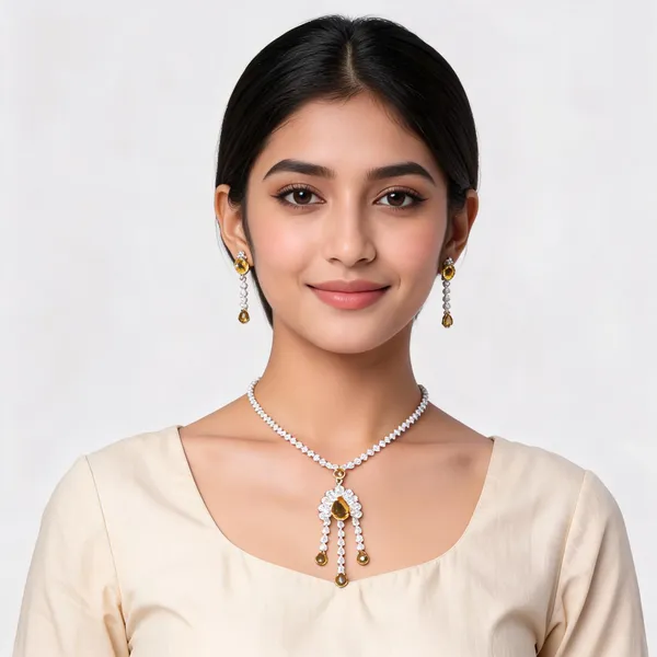 Stylish_Modern_Designer_With_The_Combinations_Of_Pear_&_Round_Cuts_Pendent_Drop_Designed_Sapphire_Yellow_&_Dazzling_White_Korean_Glass_Studded_Necklace_Jewellery_Set