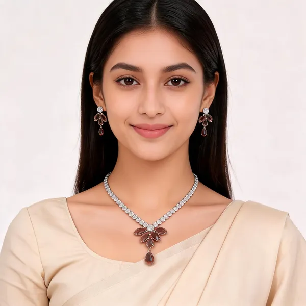 Stylish_Modern_Designer_Pear_&_Marquise_Cut_Leafy_Drop_Designed_Crystal_Wine_Brown_&_Dazzling_White_Korean_Glass_Studded_Necklace_Jewellery_Set