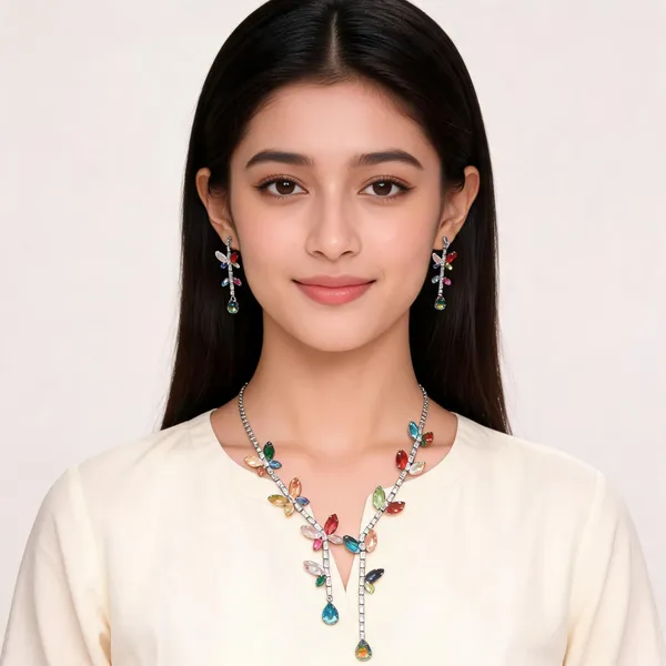Stylish_Modern_Designer_Leafy_&_Butterfly_Shaped_&_Designed_Silver_&_Multicolour_Korean_Glass_Studded_Necklace_Jewellery_Set