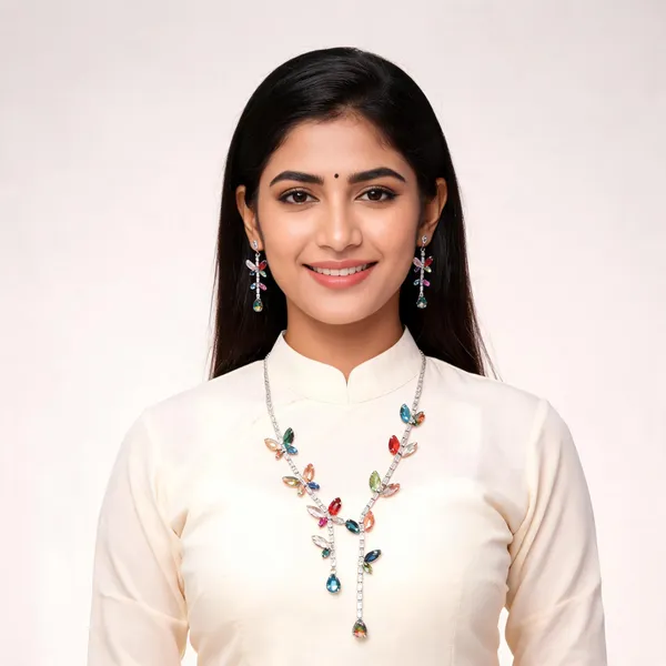 Stylish_Modern_Designer_Leafy_&_Butterfly_Shaped_&_Designed_Silver_&_Multicolour_Korean_Glass_Studded_Necklace_Jewellery_Set