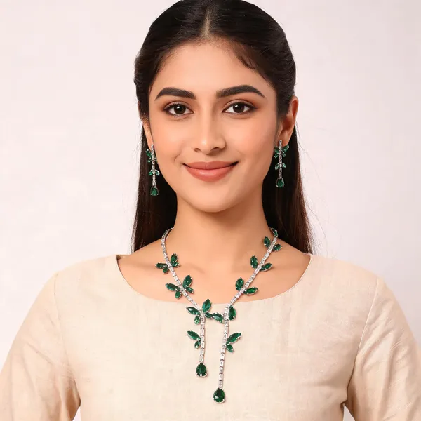 Stylish_Modern_Designer_Leafy_&_Butterfly_Shaped_&_Designed_Silver_&_Emerald_Green_&_Dazzling_White_Korean_Glass_Studded_Necklace_Jewellery_Set