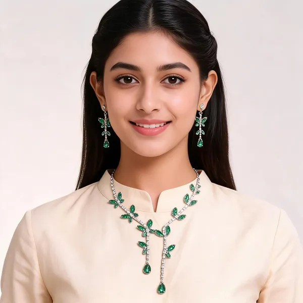 Stylish_Modern_Designer_Leafy_&_Butterfly_Shaped_&_Designed_Silver_&_Emerald_Green_&_Dazzling_White_Korean_Glass_Studded_Necklace_Jewellery_Set