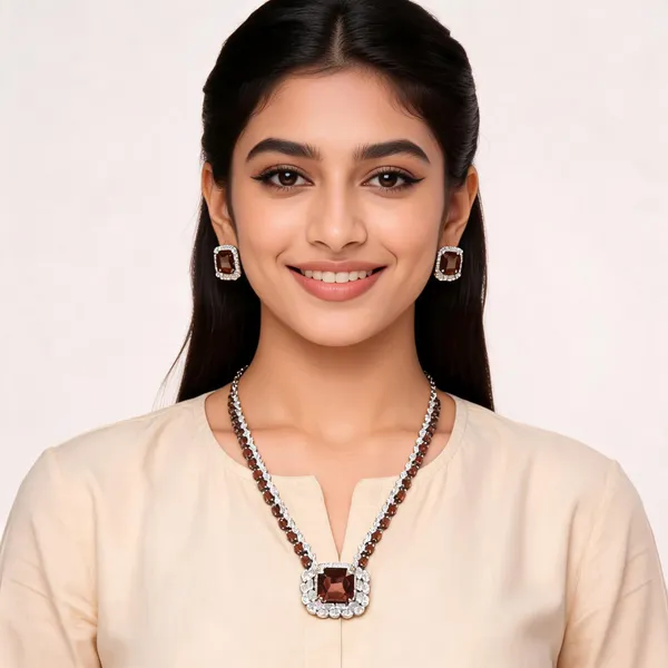 Stylish_Modern_Designer_Big_Cushion_&_Small_Marquise_Cut_Pendent_Designed_Crystal_Wine_Brown_&_Dazzling_White_Korean_Glass_Studded_Necklace_Jewellery_Set
