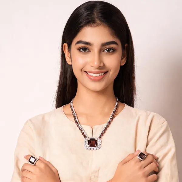 Stylish_Modern_Designer_Big_Cushion_&_Small_Marquise_Cut_Pendent_Designed_Crystal_Wine_Brown_&_Dazzling_White_Korean_Glass_Studded_Necklace_Jewellery_Set