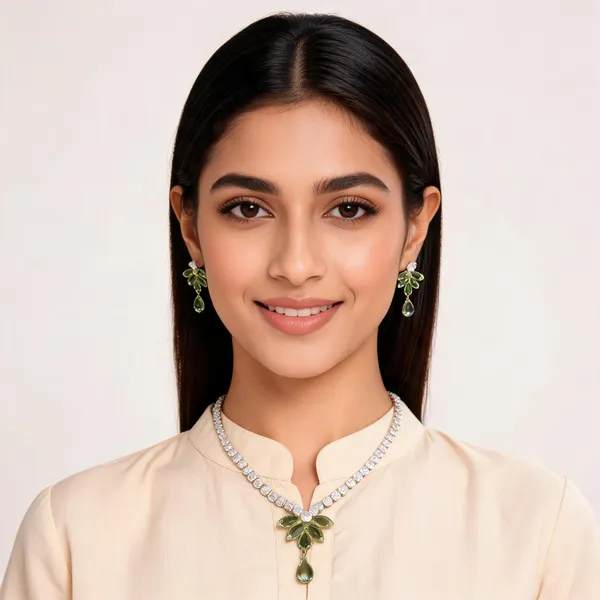 Stylish_Modern_Designer_Pear_&_Marquise_Cut_Leafy_Drop_Designed_Crystal_Light_Green_&_Dazzling_White_Korean_Glass_Studded_Necklace_Jewellery_Set