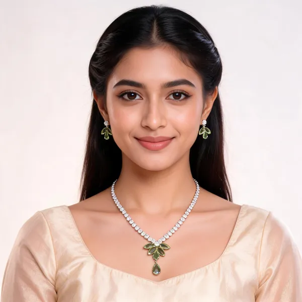 Stylish_Modern_Designer_Pear_&_Marquise_Cut_Leafy_Drop_Designed_Crystal_Light_Green_&_Dazzling_White_Korean_Glass_Studded_Necklace_Jewellery_Set