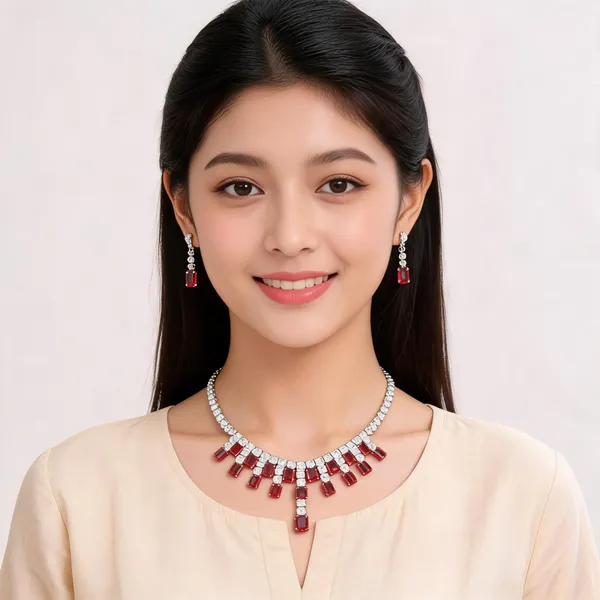Stylish_Modern_Designer_Medium_Emerald_&_Round_Cuts_Full_Collar_Designed_Crystal_Bright_Red_&_Dazzling_White_Korean_Glass_Studded_Necklace_Jewellery_Set