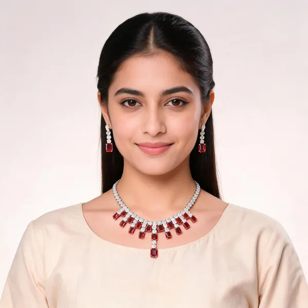 Stylish_Modern_Designer_Medium_Emerald_&_Round_Cuts_Full_Collar_Designed_Crystal_Bright_Red_&_Dazzling_White_Korean_Glass_Studded_Necklace_Jewellery_Set