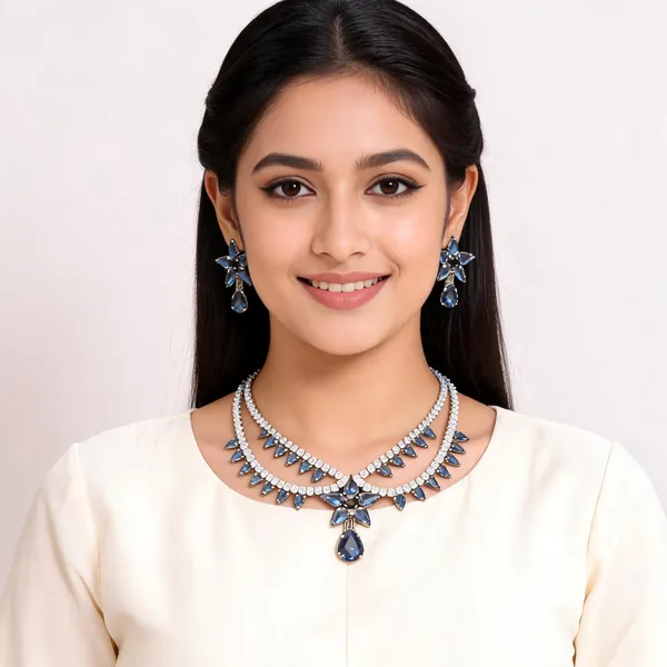 Stylish_Modern_Designer_Double_Layered_Pear,_Round_&_Marquise_Cut_Flower_Drop_Pendent_Designed_Crystal_Angel_Blue_&_Dazzling_White_Korean_Glass_Studded_Necklace_Jewellery_Set