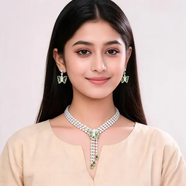 Stylish_Modern_Designer_Tripple_Layered_Pear_Cut_Butterfly_Drop_Designed_Crystal_Light_Green_&_Dazzling_White_Korean_Glass_Studded_Necklace_Jewellery_Set