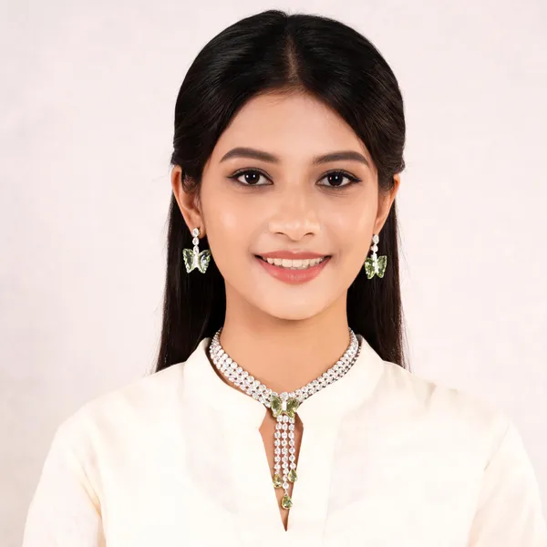 Stylish_Modern_Designer_Tripple_Layered_Pear_Cut_Butterfly_Drop_Designed_Crystal_Light_Green_&_Dazzling_White_Korean_Glass_Studded_Necklace_Jewellery_Set