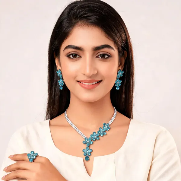 Stylish_Modern_Designer_Pear_Cuts_Flower_Garland_Designed_Crystal_Turquoise_Blue_&_Dazzling_White_Korean_Glass_Studded_Necklace_Jewellery_Set