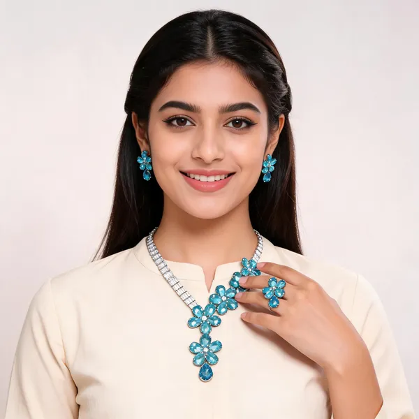 Stylish_Modern_Designer_Pear_Cuts_Flower_Garland_Designed_Crystal_Turquoise_Blue_&_Dazzling_White_Korean_Glass_Studded_Necklace_Jewellery_Set