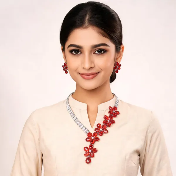 Stylish_Modern_Designer_Pear_Cuts_Flower_Garland_Designed_Crystal_Bright_Red_&_Dazzling_White_Korean_Glass_Studded_Necklace_Jewellery_Set