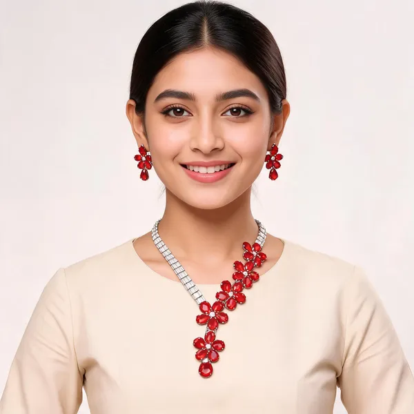 Stylish_Modern_Designer_Pear_Cuts_Flower_Garland_Designed_Crystal_Bright_Red_&_Dazzling_White_Korean_Glass_Studded_Necklace_Jewellery_Set
