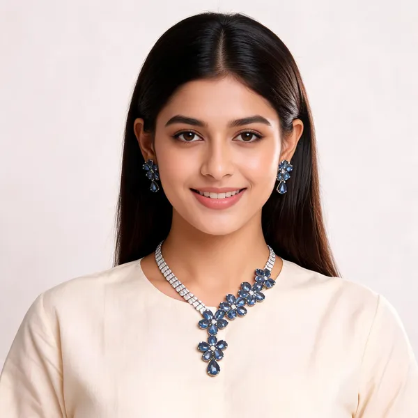 Stylish_Modern_Designer_Pear_Cuts_Flower_Garland_Designed_Crystal_Angel_Blue_&_Dazzling_White_Korean_Glass_Studded_Necklace_Jewellery_Set