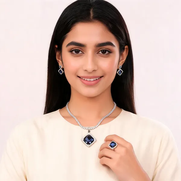Stylish_Modern_Titanic_Inspired_Designer_Square_Shaped_White_&_Royal_Blue_Korean_Glass_Studded_Necklace_Jewellery_Set_With_Finger_Ring