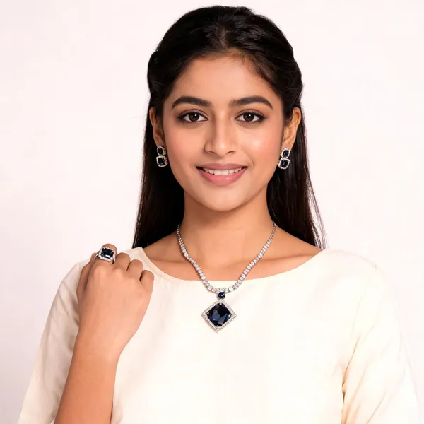 Stylish_Modern_Titanic_Inspired_Designer_Square_Shaped_White_&_Royal_Blue_Korean_Glass_Studded_Necklace_Jewellery_Set_With_Finger_Ring