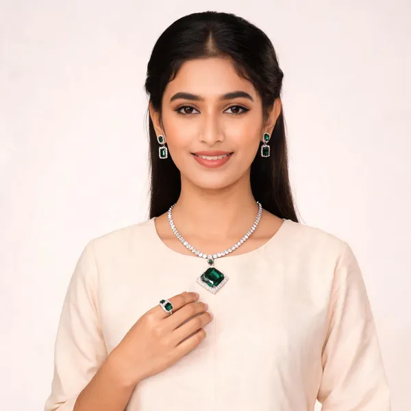 Stylish_Modern_Titanic_Inspired_Designer_Square_Shaped_White_&_Laser_Green_Korean_Glass_Studded_Necklace_Jewellery_Set_With_Finger_Ring