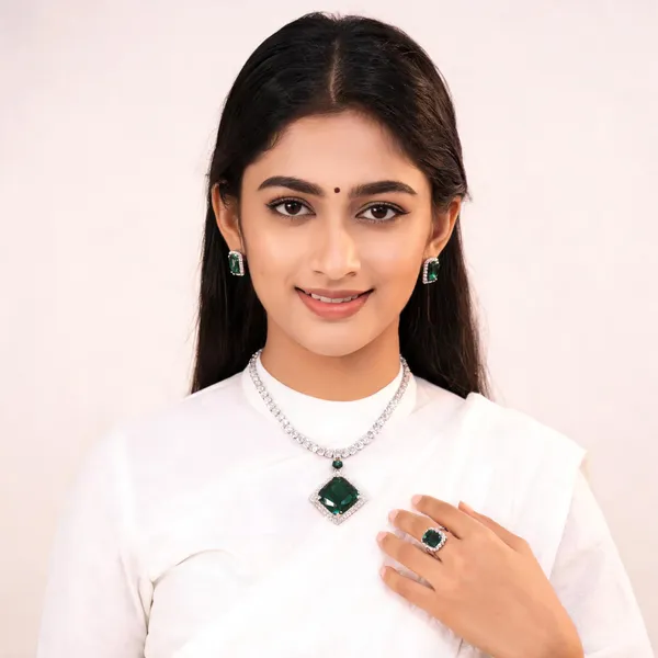 Stylish_Modern_Titanic_Inspired_Designer_Square_Shaped_White_&_Laser_Green_Korean_Glass_Studded_Necklace_Jewellery_Set_With_Finger_Ring