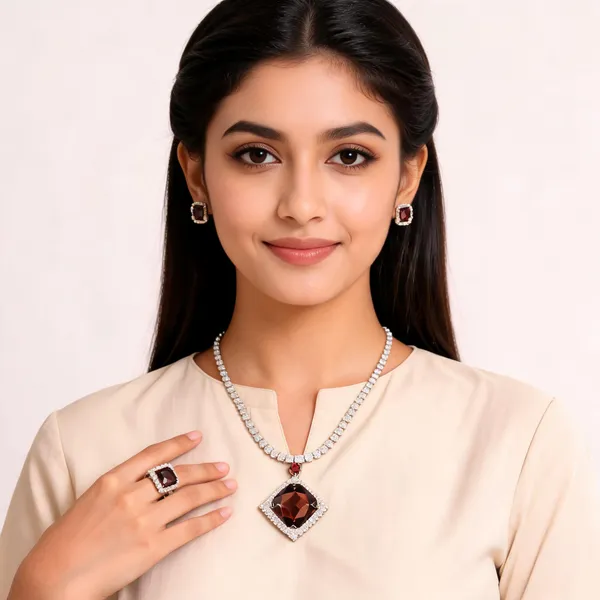 Stylish_Modern_Titanic_Inspired_Designer_Square_Shaped_White_&_Crystal_Brown_Korean_Glass_Studded_Necklace_Jewellery_Set_With_Finger_Ring