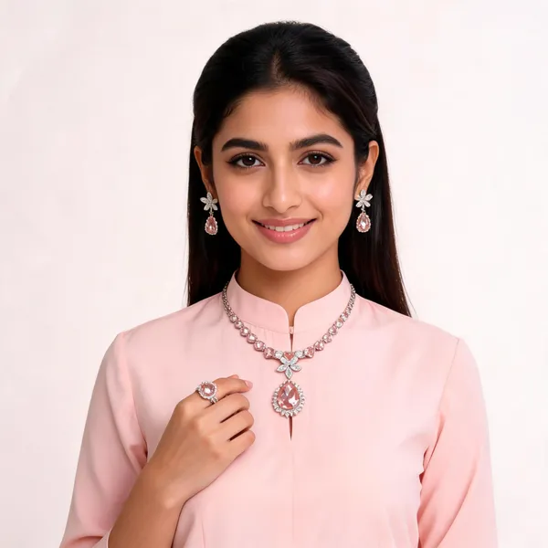 Stylish_Modern_Designer_Crystal_Drop_Shaped_3D_Flower_Designed_White_&_Blush_Pink_Korean_Glass_Studded_Necklace_Jewellery_Set_With_Finger_Ring
